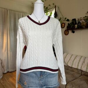 Ivory Cable Knit V-Neck Sweater Navy Red Striped Trim Preppy Collegiate White